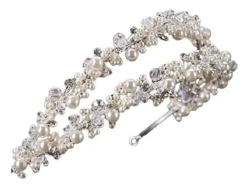 Tiara Dupla Cabelo Noiva Prata Strass Perola Porta Coque