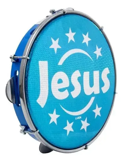 Pandeiro 10 Pele Holografica Jesus Cor Azul