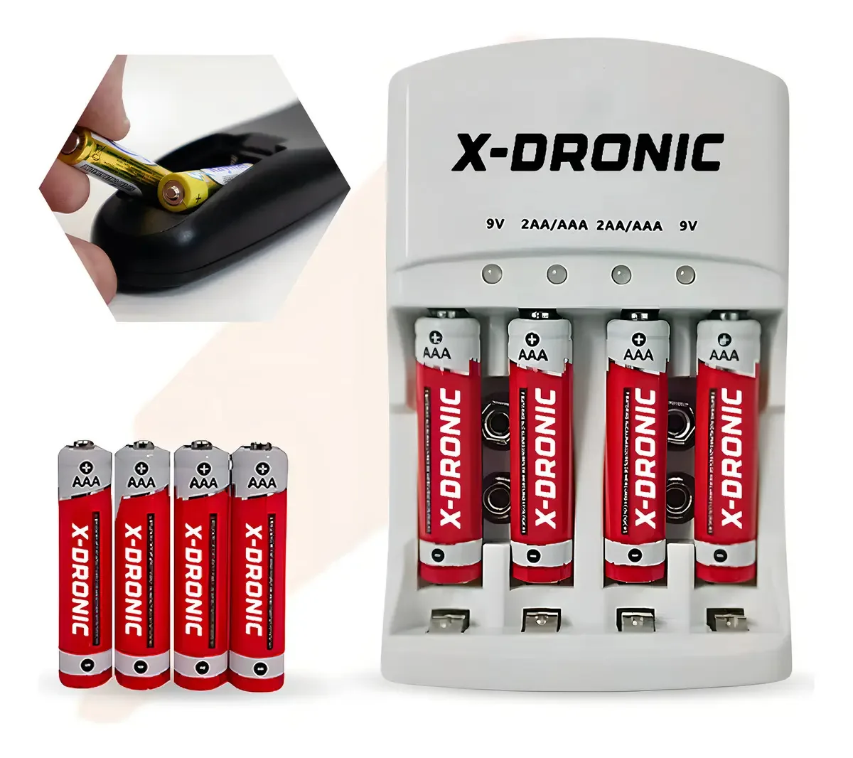 Carregador de Pilhas Recarregáveis X-Dronic com 4 Pilhas AAA Bivolt