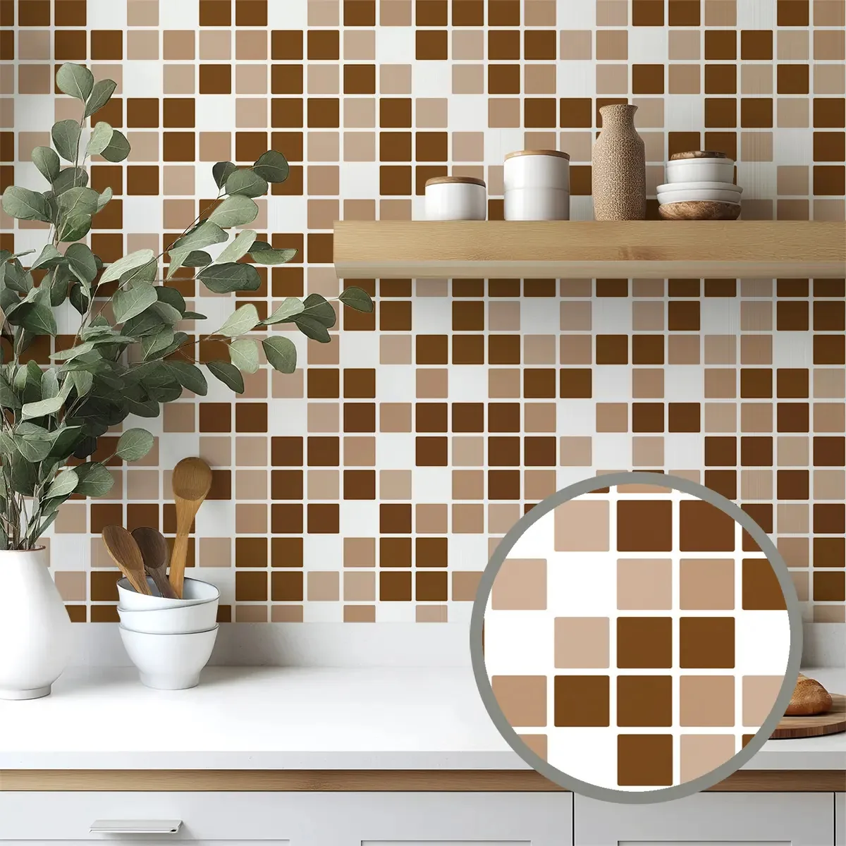 Adesivo Decorativo 5 Metros De Papel Parede Pastilha Marrom Branco Cozinha Banheiro Lavável