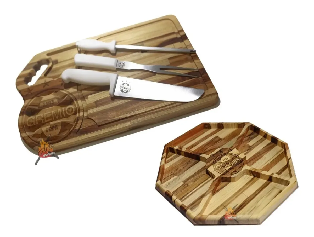 Kit Churrasco Eb Artes 5 Peças Linha Grêmio Madeira Teca Personalizável