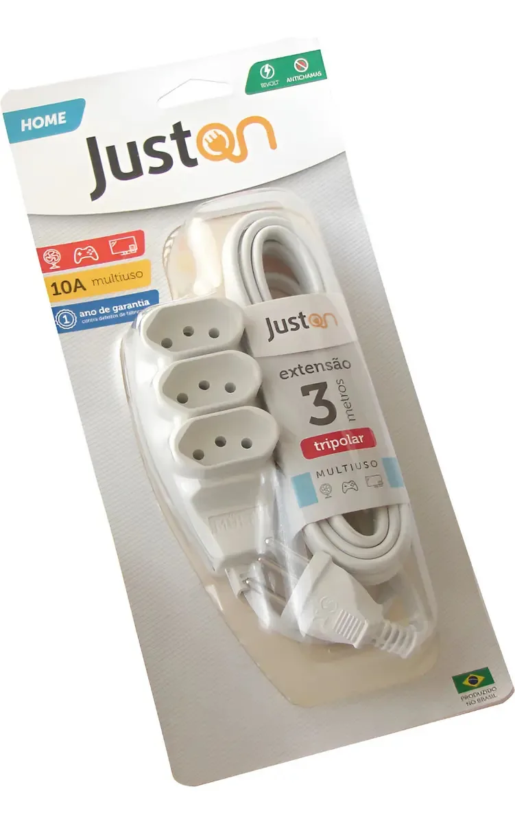 Extensão De Tomada Adaptador Juston 3m 10a Tripolar Branco Branco