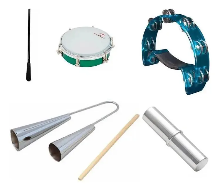 Kit Percussão Music: Agogô Meia-lua Tamborim Ganzá