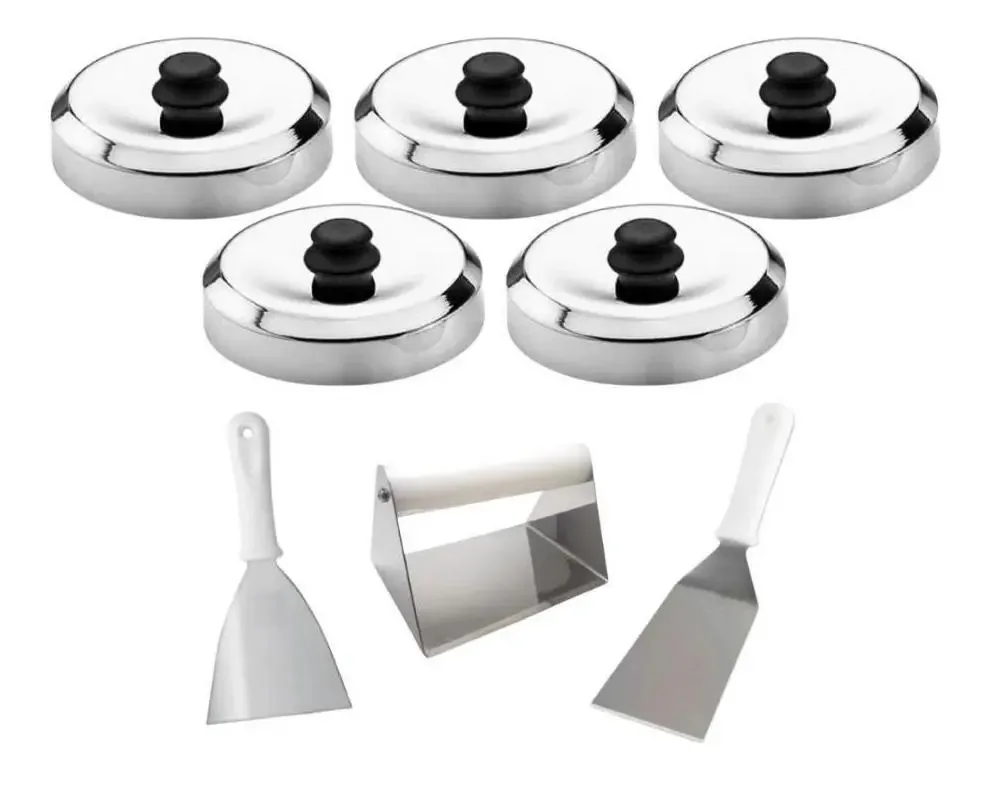 Kit Smash Burger Hambúrguer Abafadores Espátulas Reta Curva