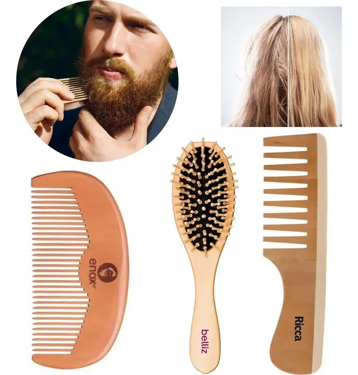 Kit 2 Pentes E 1 Escova Madeira Antifrizz Os Cabelos