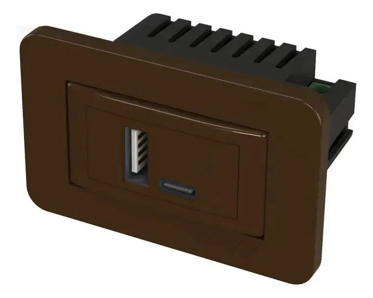 Tomada para Móveis Embutir USB Tipo C Lumitek Marrom 2 Entradas
