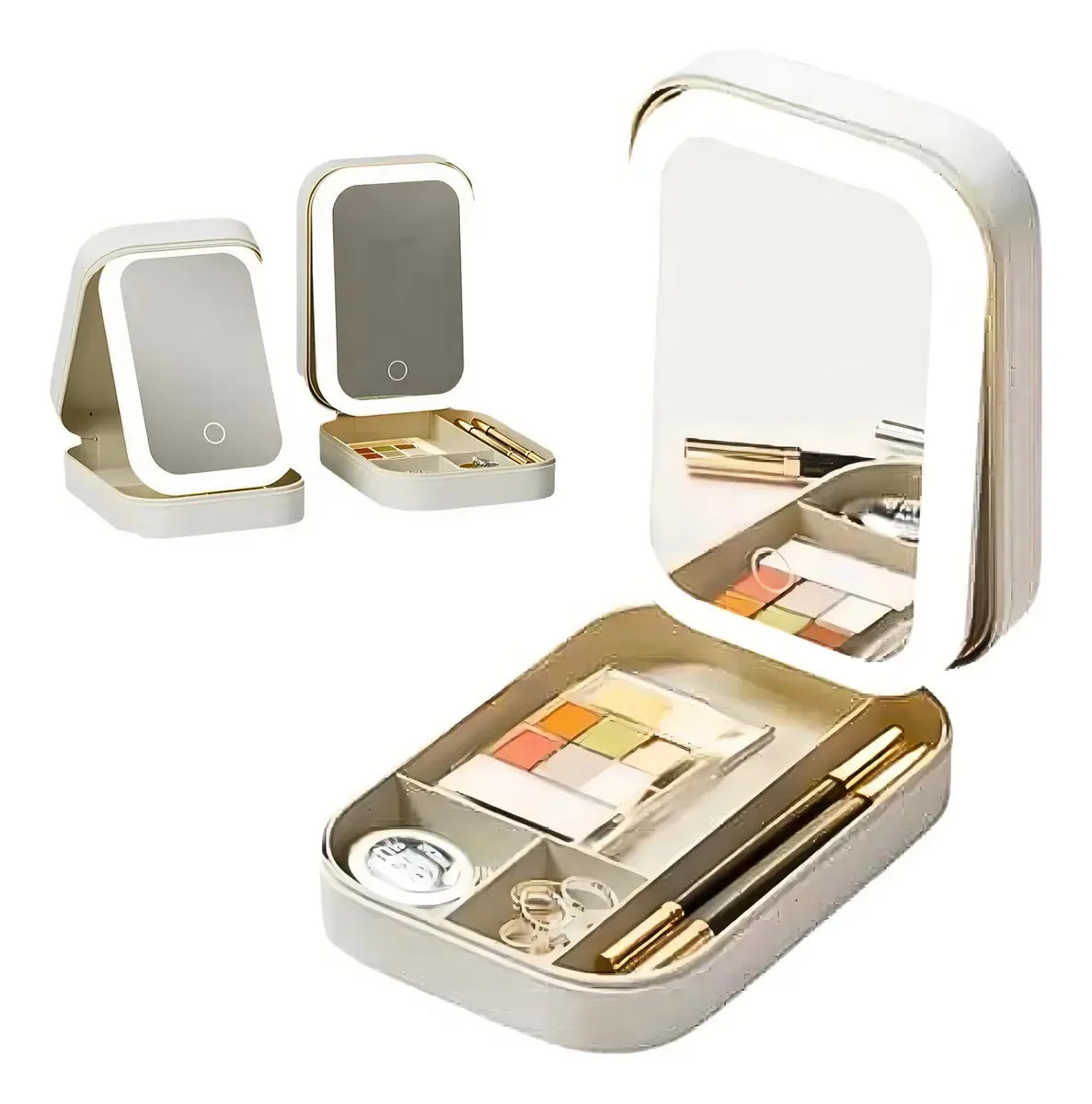 Organizador Porta Maquiagem Jóias Com Espelho Led Viagem Cor Branco