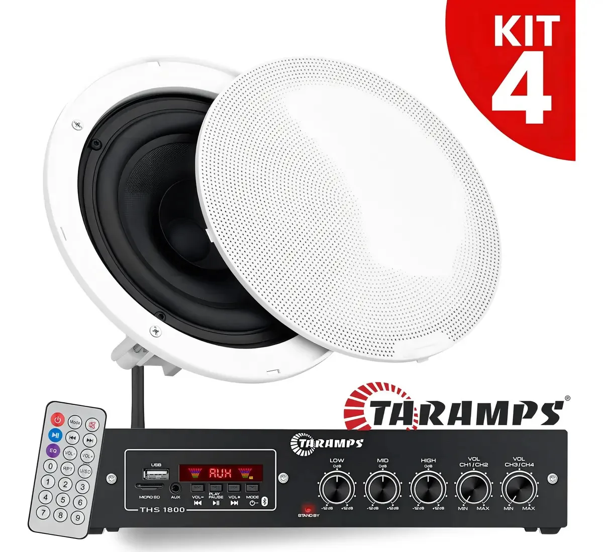 Kit 4 Caixas Som 200w Rms Taramps Arandelas Embutir Teto Gesso Forro Acustica Profissional Ambiente Comercio Loja Bar Residencia Restaurante Clinica Salao Igreja + Receiver Amplificador Bluetooth Usb