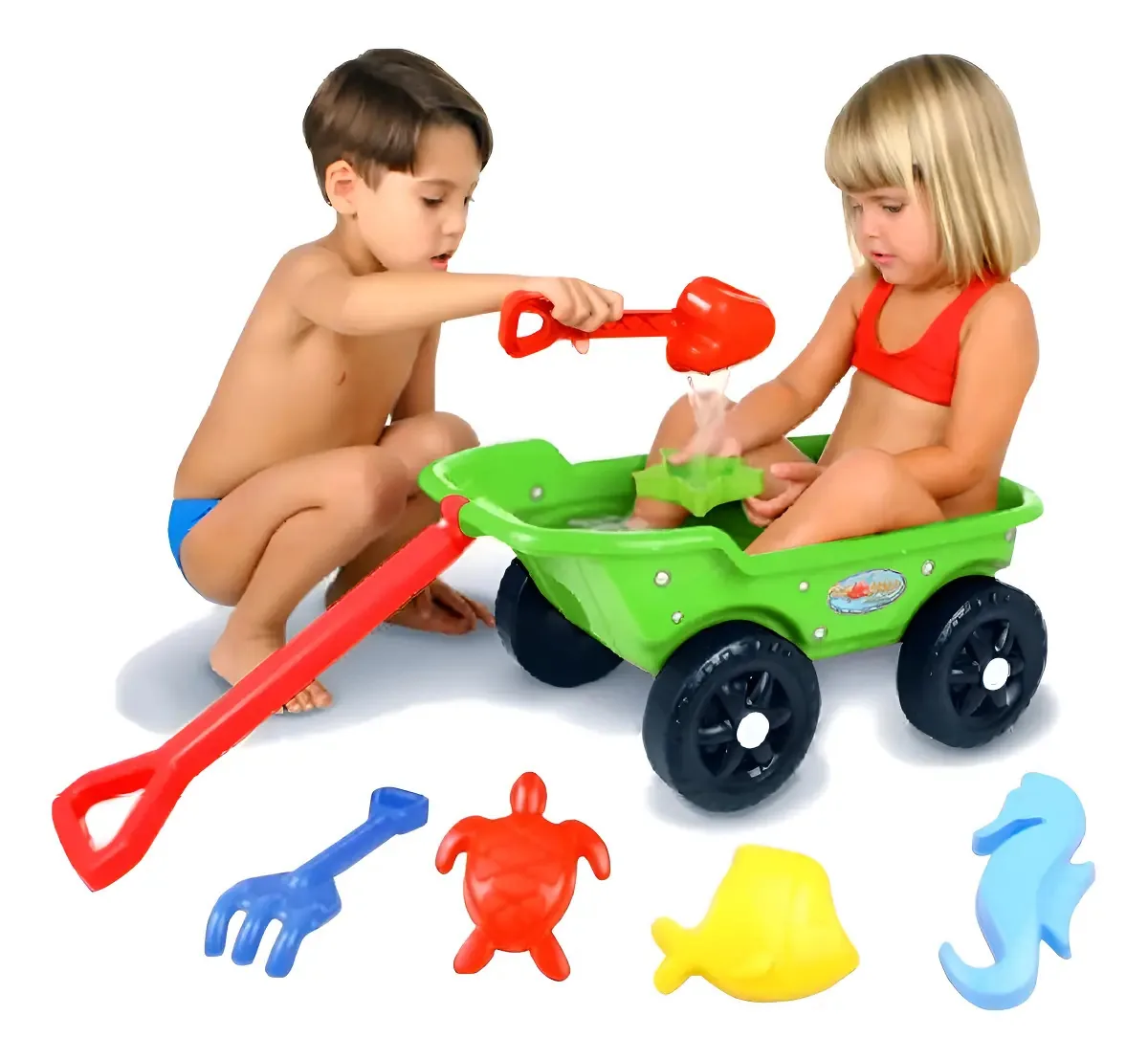 Carrinho Com Kit Praia Brincar Na Areia Trolley Verde Kepler