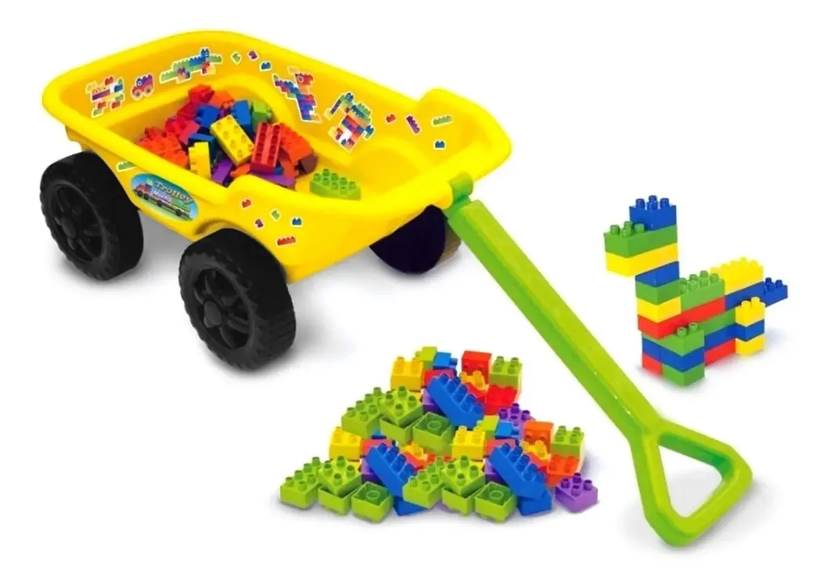 Brinquedo Carrinho De Puxar Infantil Amarelo Monta Blocos