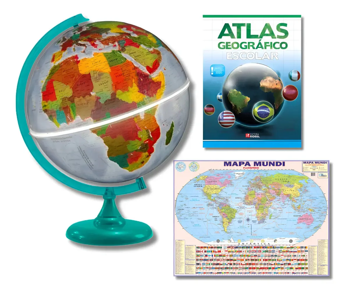 Globo Político C/luz Base Verde 30 Cm + Mapa Mundi + Atlas