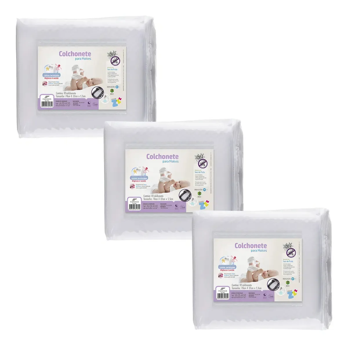 Kit Com 3 Colchonetes Para Moises Baby - Laváveis Cor Branco Desenho Liso