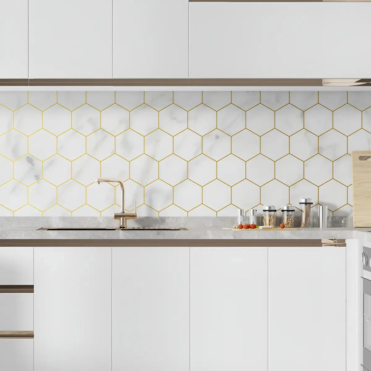 Adesivo Decorativo Papel Parede 3 Metros Geométrico Dourado Hexágono Mármore Cozinha Banheiro