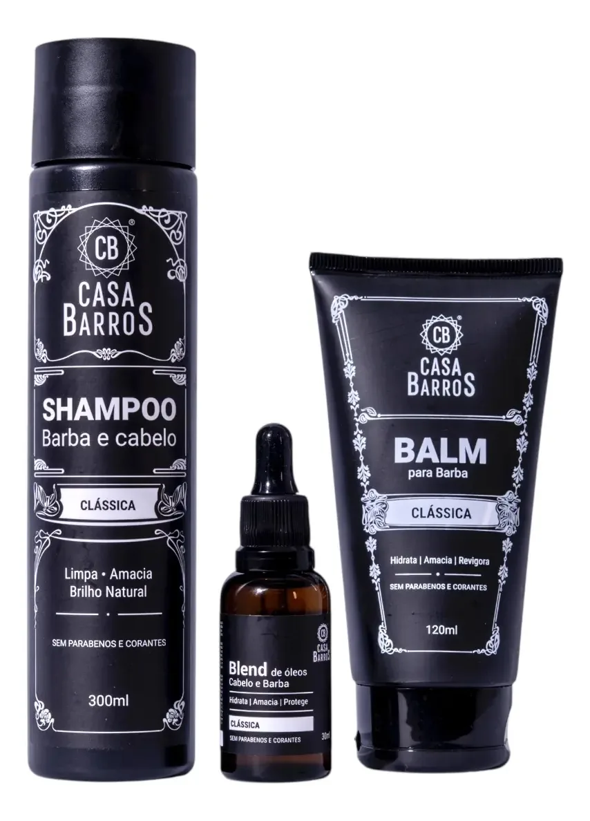 Kit Barba Completo Casa Barros Shampoo Balm e Óleo Para Barba Ressecada Hidrata Alinha Fortalece Sem Frizz Sem Coceira Controle Volume Crescimento Saudável Uso Diário