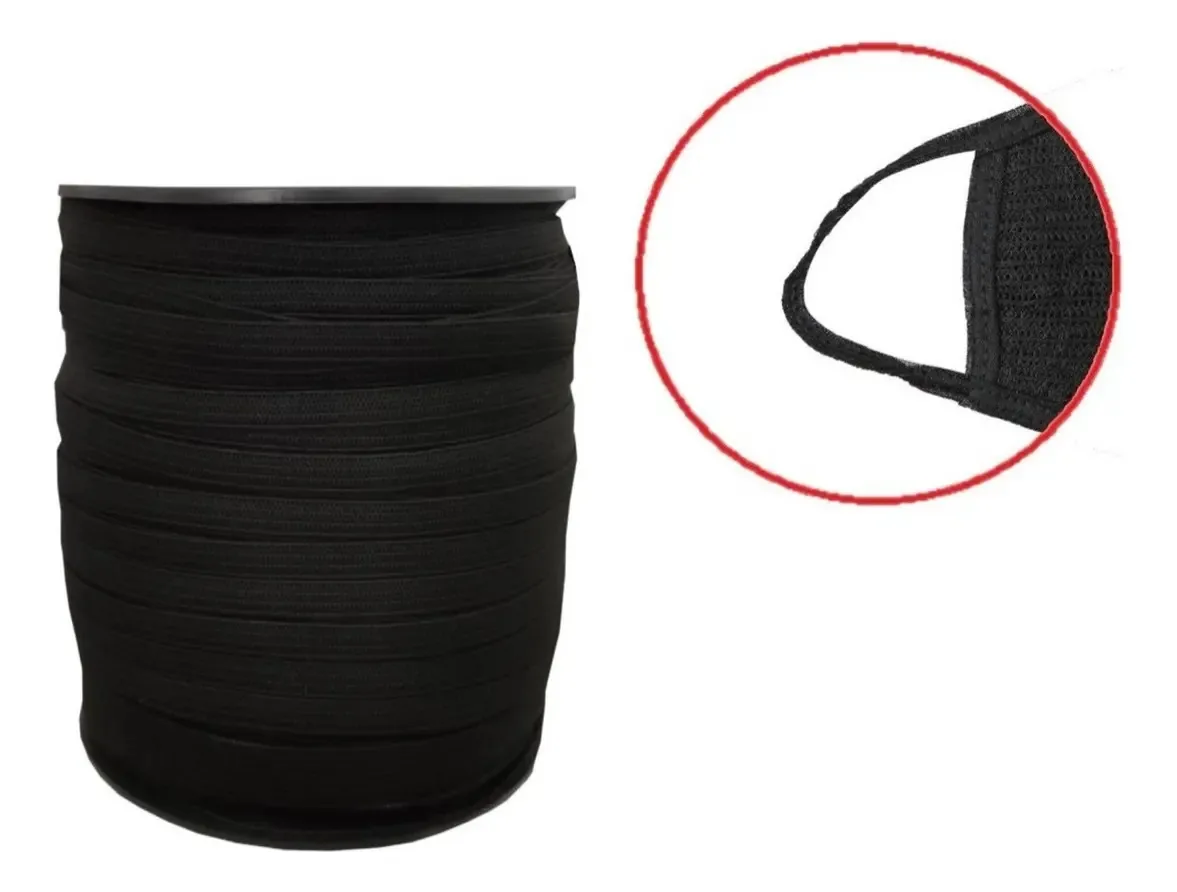 Elástico Chato Dorlytex Rolo 10mm Preto Liso 100m para Máscaras