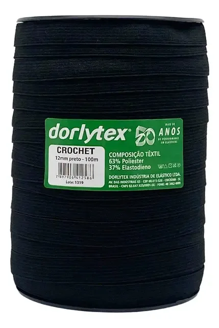 Elástico Dorlytex 12mm 100m Preto para Indumentária