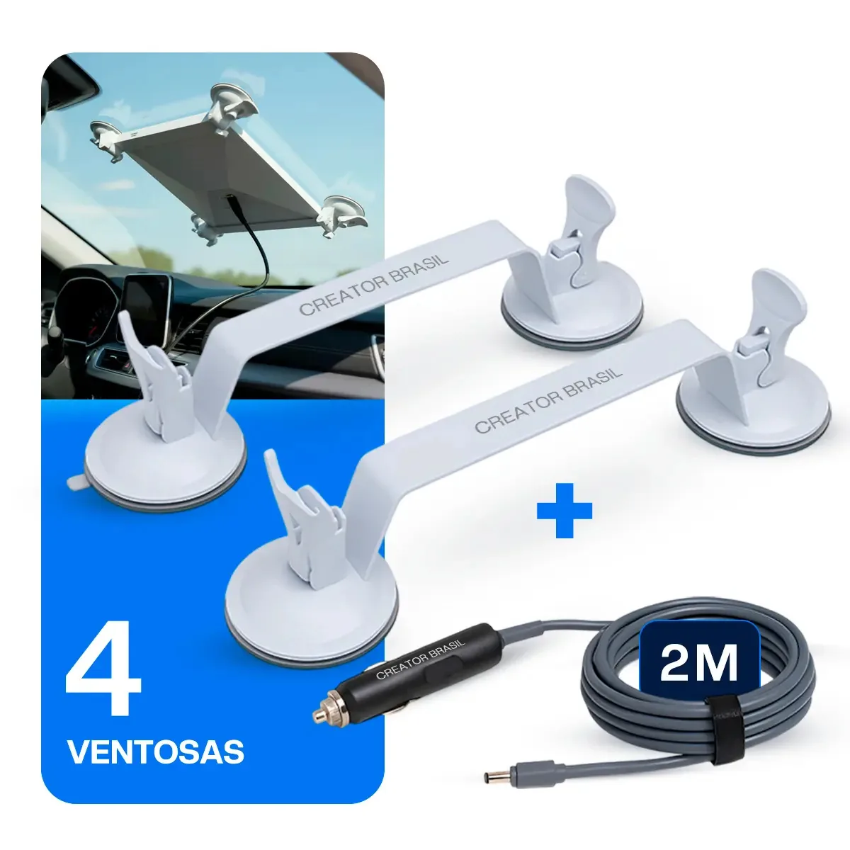 Kit Suporte Starlink Mini Veicular Com Ventosas Reforçadas Para Vidro E Painel + Cabo 2m Veicular 12v/24v Para Carro, Caminhão, Trailer, Motorhome e viagem