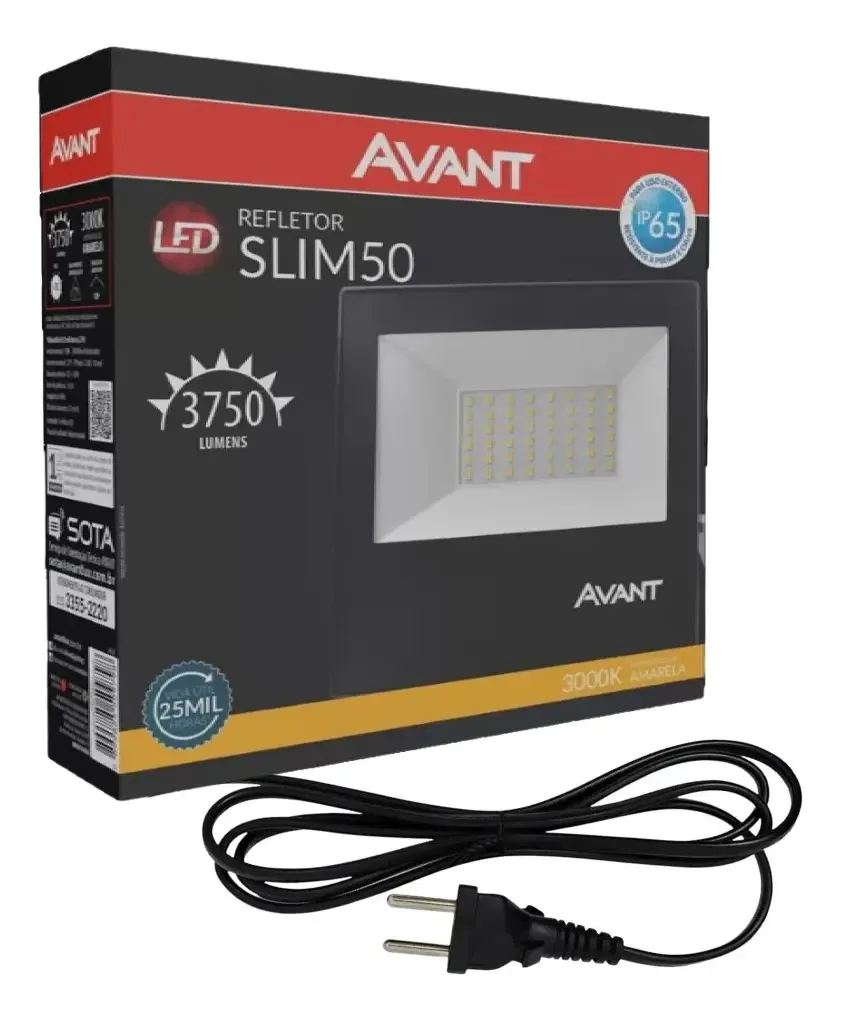 20x Refletores Slim Avant 50w Luz Branco Quente Com Tomada