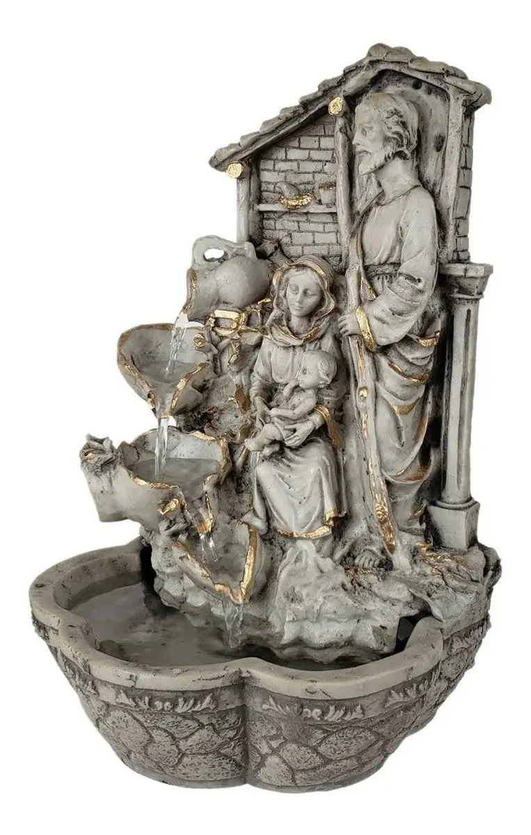 Fonte De Água Sagrada Família Cinza 33,5cm Cascata Decoração
