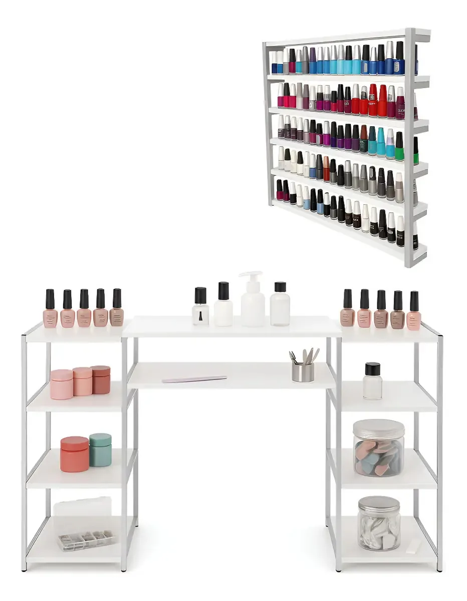 Kit Completo P/ Nail Designer Mesa Espaçosa + Expositor Luxo Cor Ferro Prata