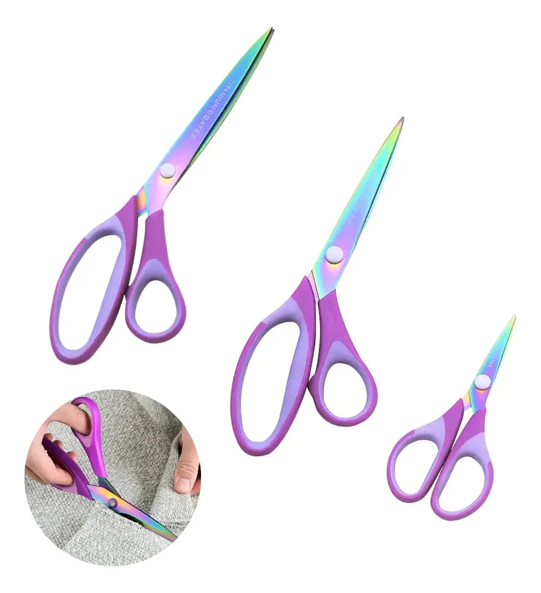 Kit 3 Tesouras Titânio Para Corte E Costura Profissional Cor Roxo
