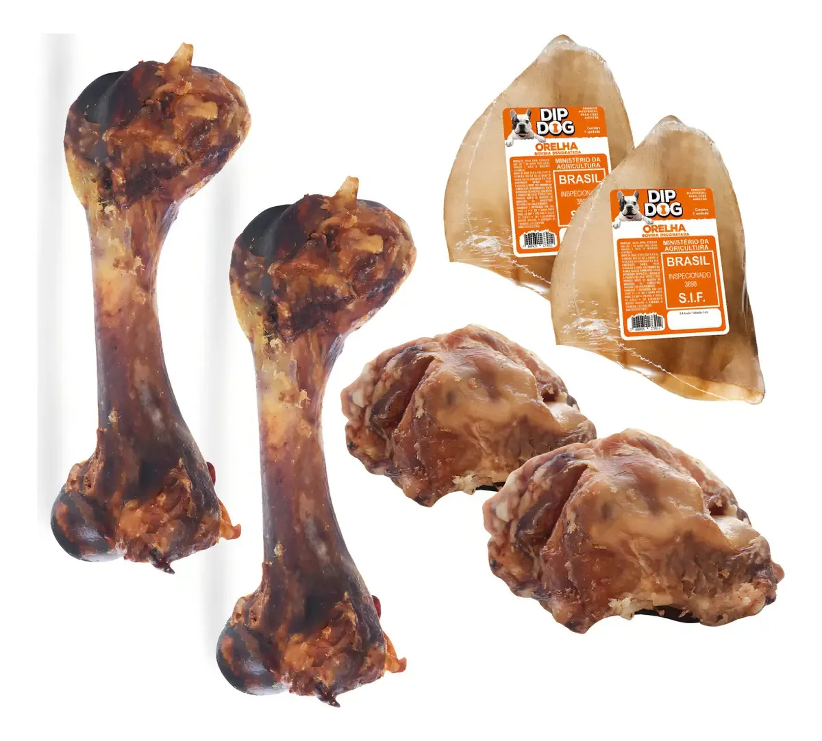 Kit 6 Petiscos Cachorro Osso Natural Femur Orelhas Rotulas