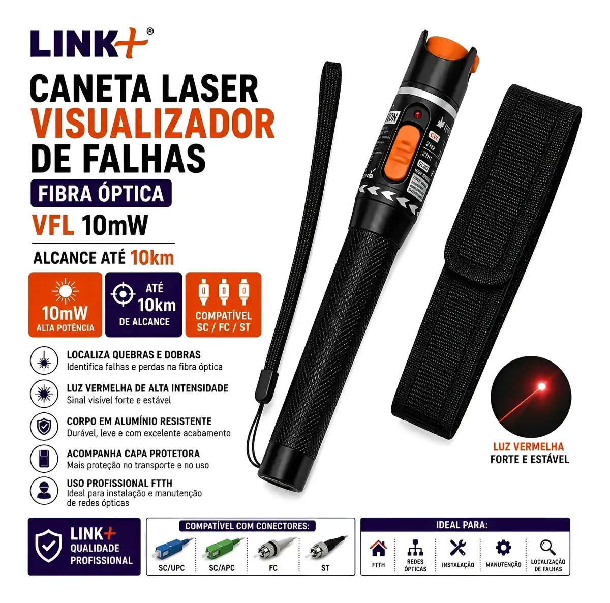 Caneta Laser Visualizador Falhas Fibra Óptica 10 Mw 10km Link+ Universal