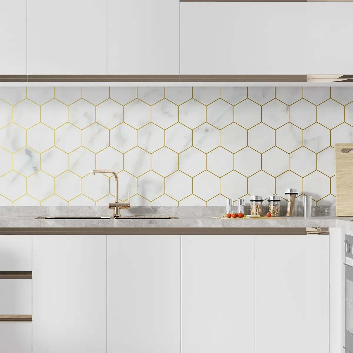 Adesivo Decorativo 3 Mts Papel Parede Geométrico Dourado Hexágono Mármore Cozinha Banheiro