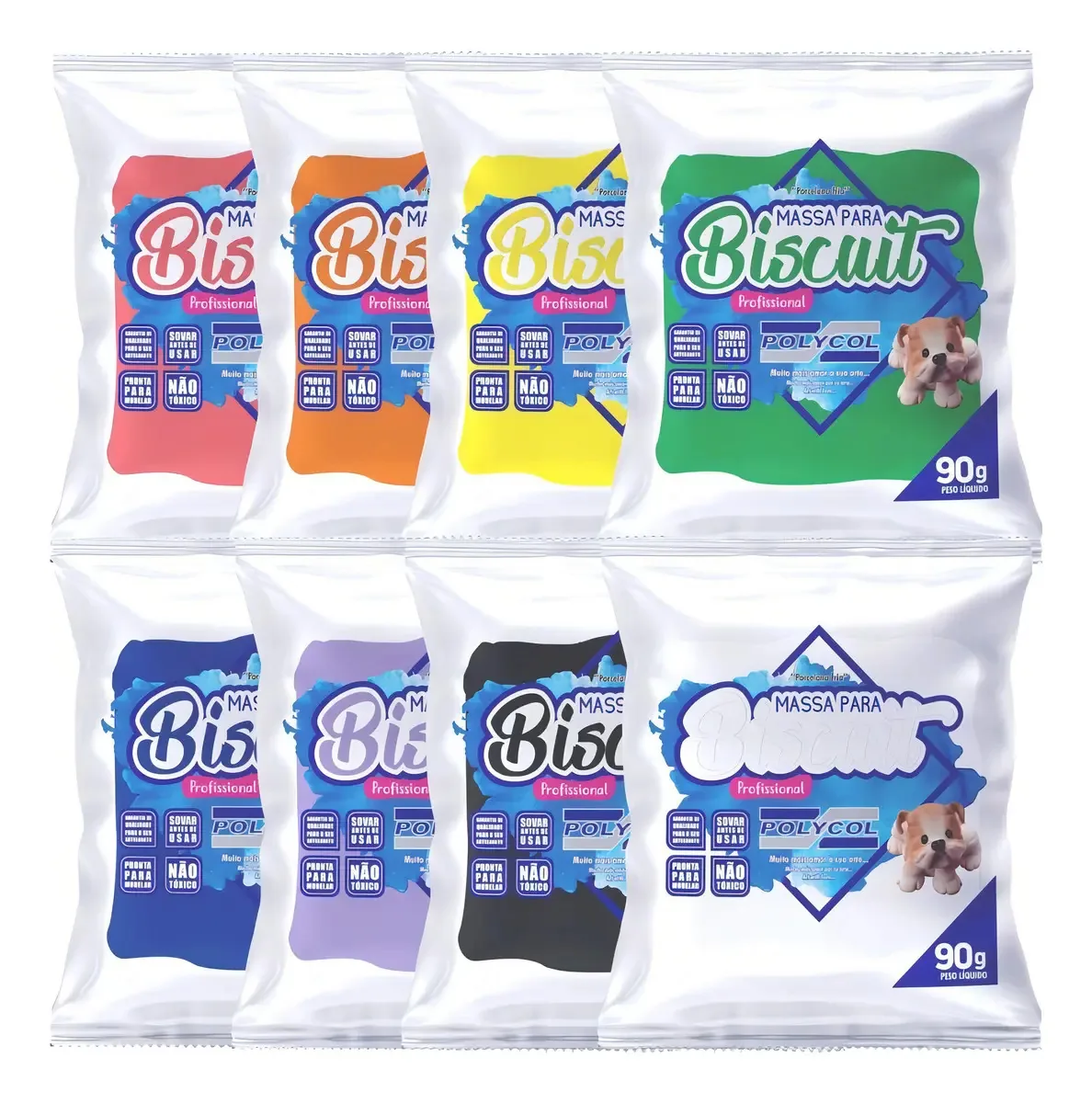 Kit Massa Biscuit Polycol Colorida 90g c/36 Und + 1kg Natural