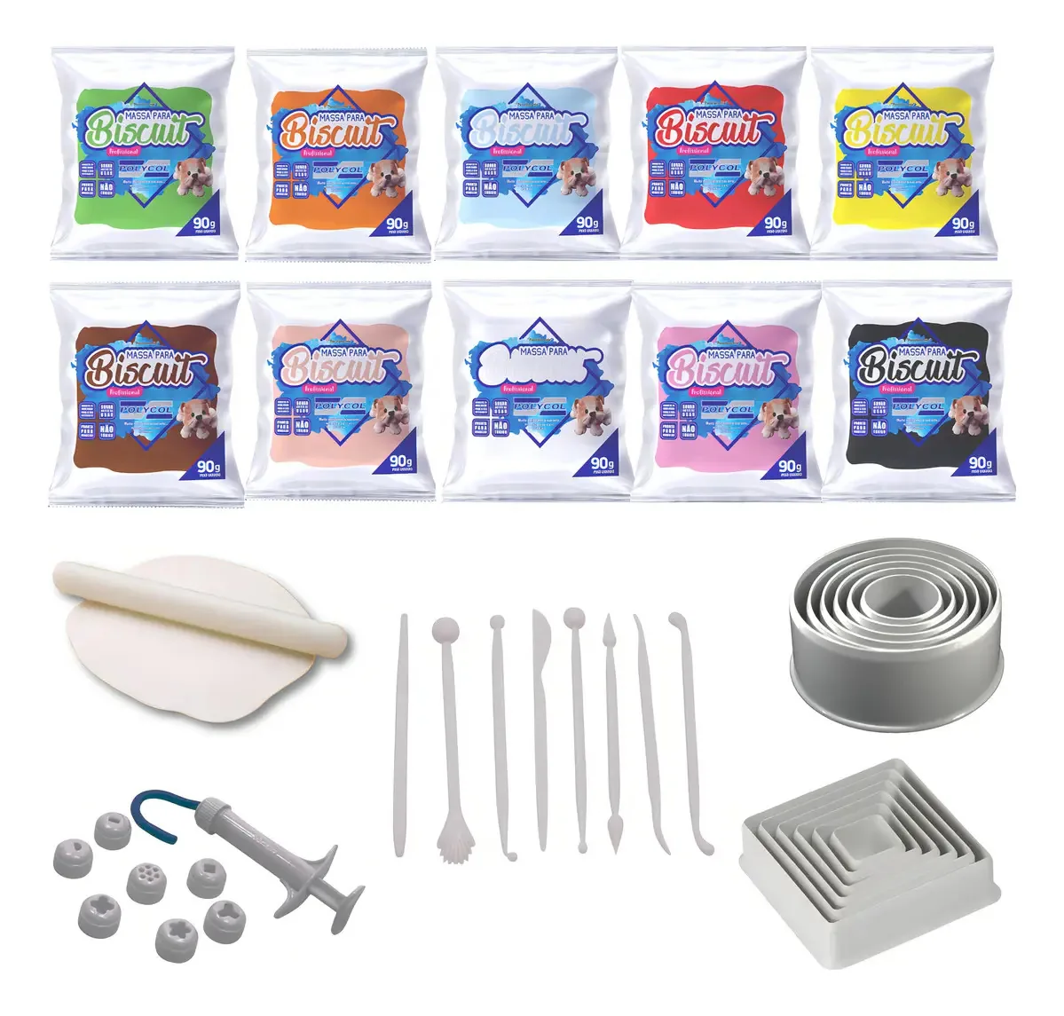 Kit Iniciante Biscuit Massa Colorida 10 Cores + Ferramentas Modelagem