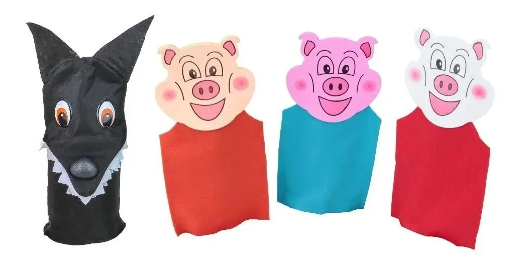 Fantoches de Mão Carlu Brinquedos 3 Porquinhos e Lobo Feltro Kit 4 Peças