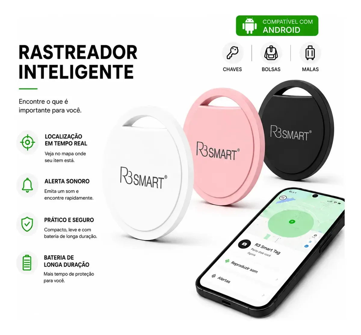 Smart Tag Android Rastreador Objetos, Chaves, Pet, Carro, Moto Certificado Google Branco Rb Smart