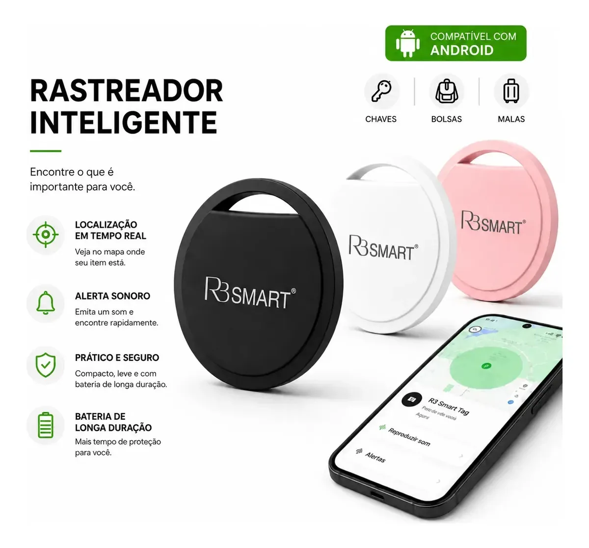 Smart Tag Android Rastreador Objetos, Chaves, Pet, Carro, Moto Certificado Google Preto Rb Smart