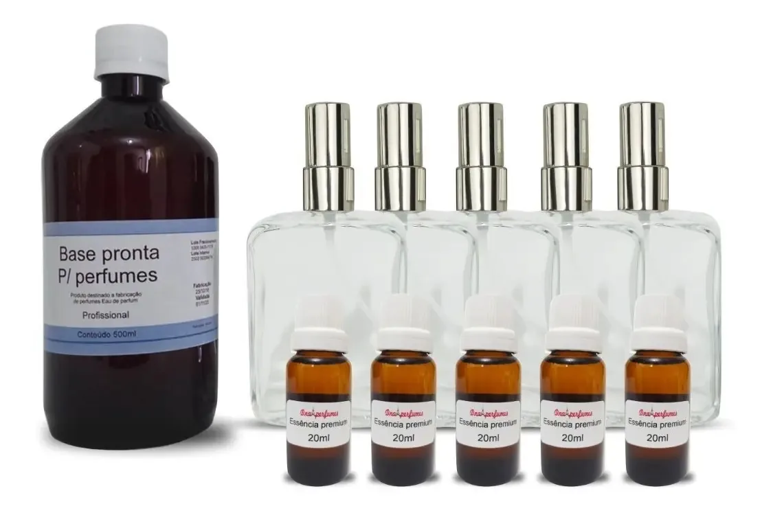 5 Essências P/ Perfumes + Vidros + Base + Válvula Prata