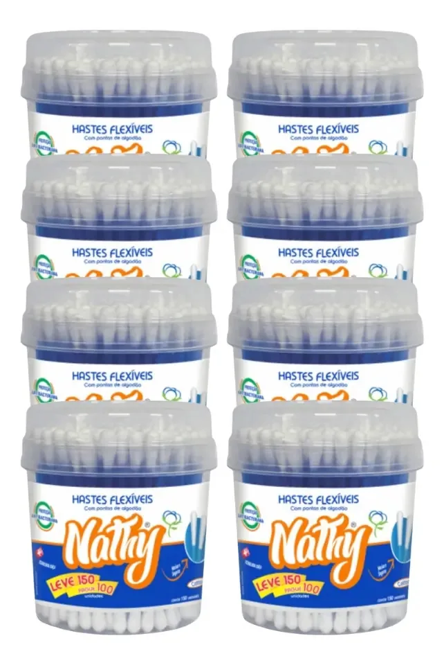 Cotonete Hastes Flexíveis Nathy 150 Unidades - Kit 8 Potes