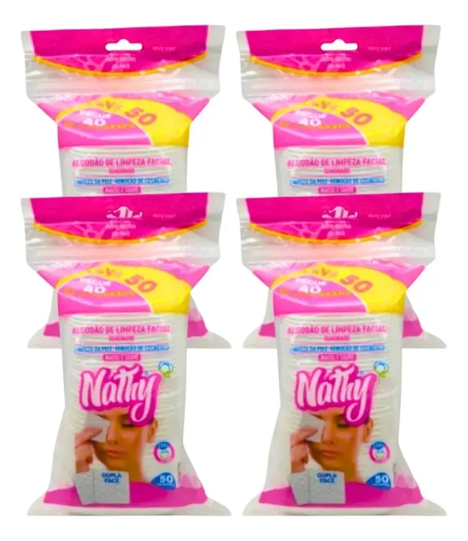 Algodão Limpeza Facial Quadrado 50und Nathy - Kit 04 Pacotes