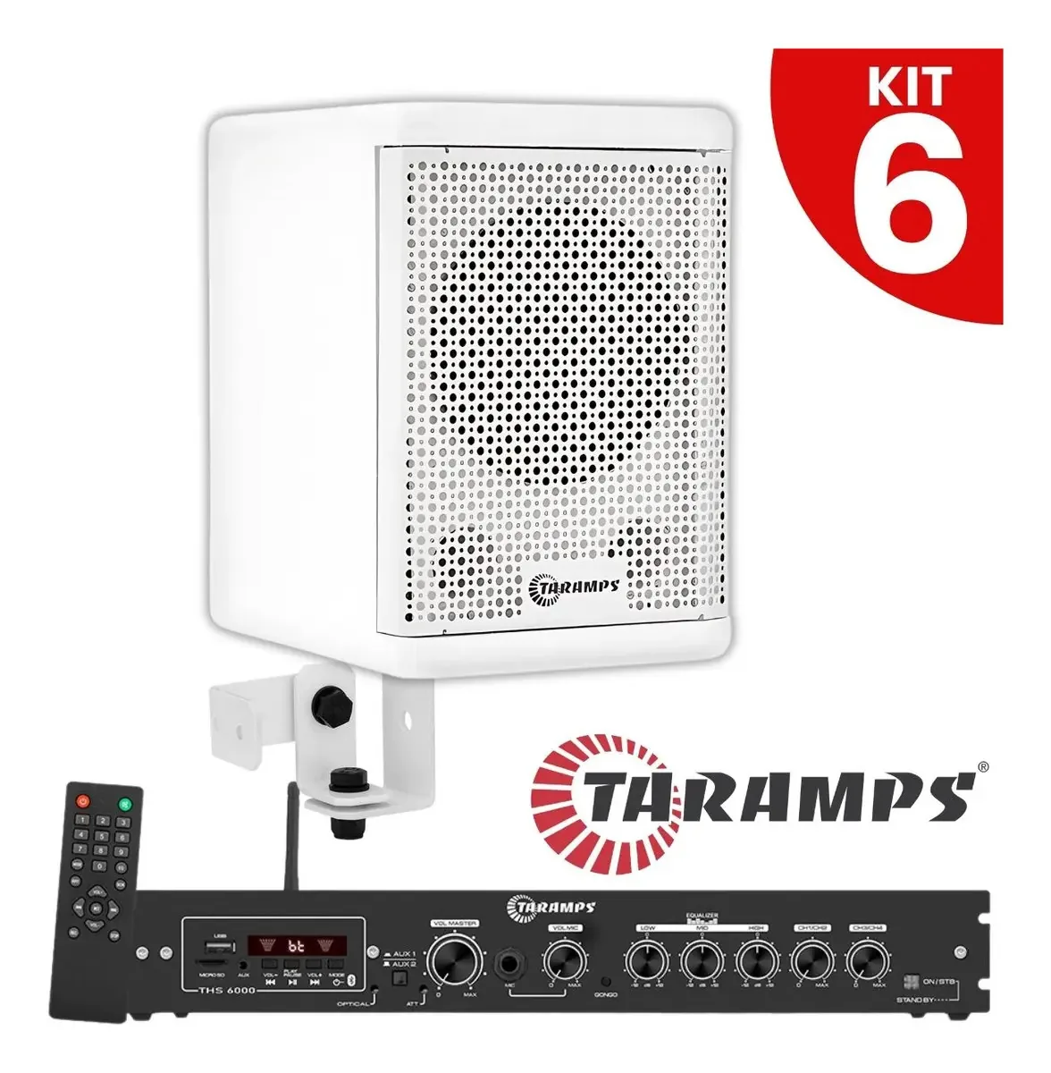 Kit 6 Caixas Som 300w Rms Taramps Acustica Profissional Ambiente Comercio Loja Bar Residencia Eventos Restaurante Clinicas Salao Igreja Com Suportes + Receiver Amplificador Bluetooth Usb Pendrive Sd