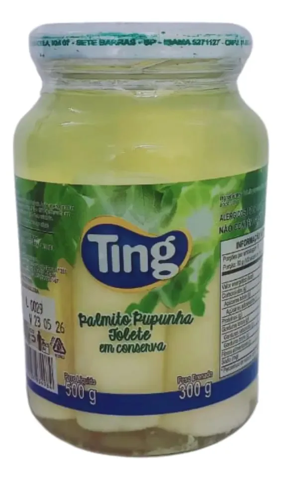 Palmito Pupunha Em Conserva Tolete Ting Vidro 300g
