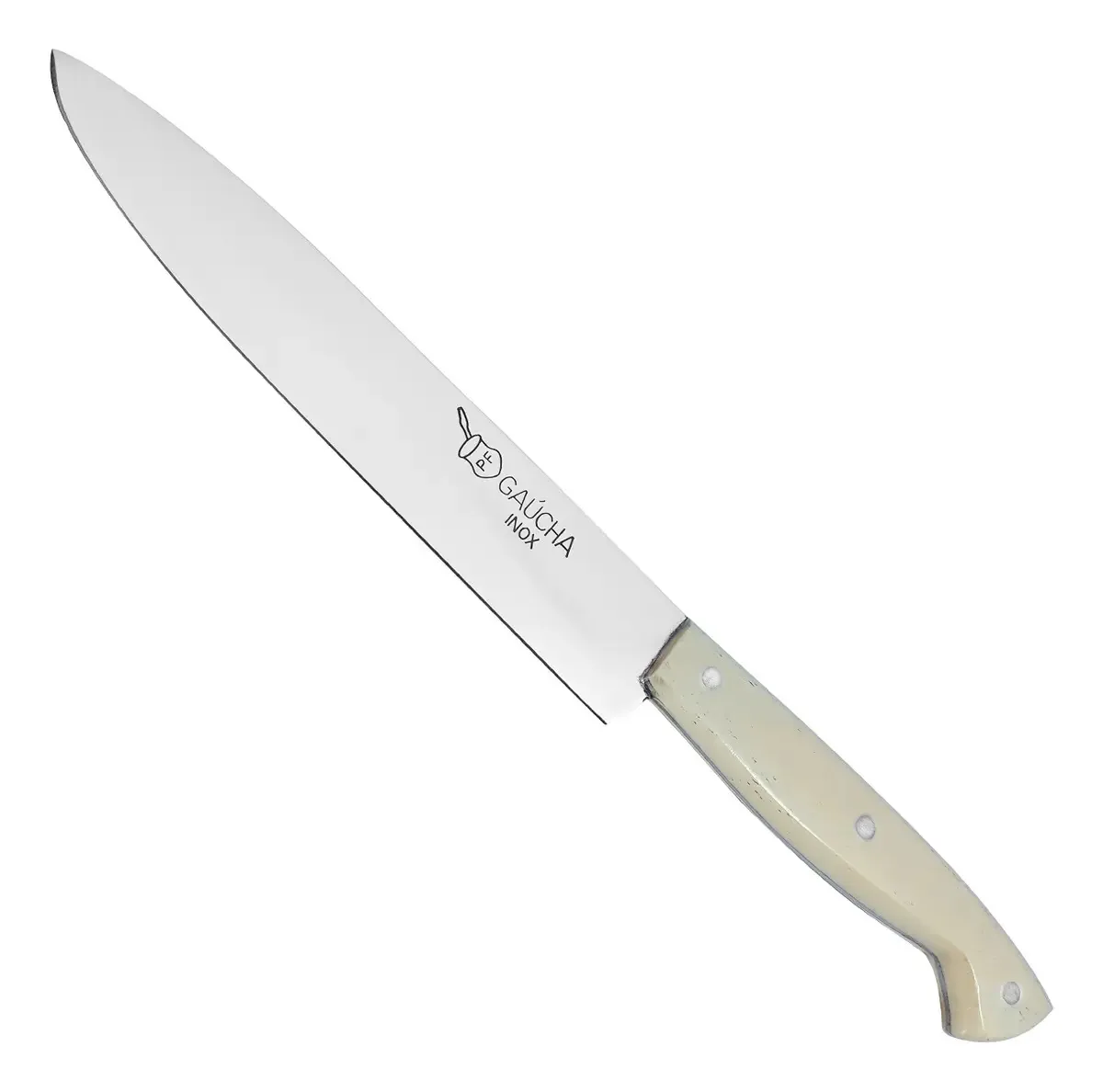 Faca 7 Aço Inox Cabo De Osso Chato Trabalhado Bainha Couro
