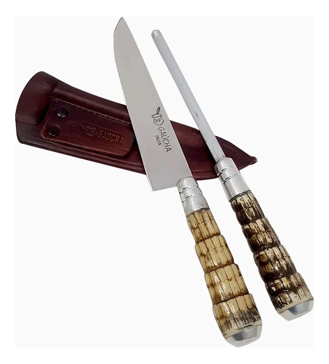 Kit Churrasco Facas Gaucha Inox 6'' Chaira Bainha Couro Rabo Tatu
