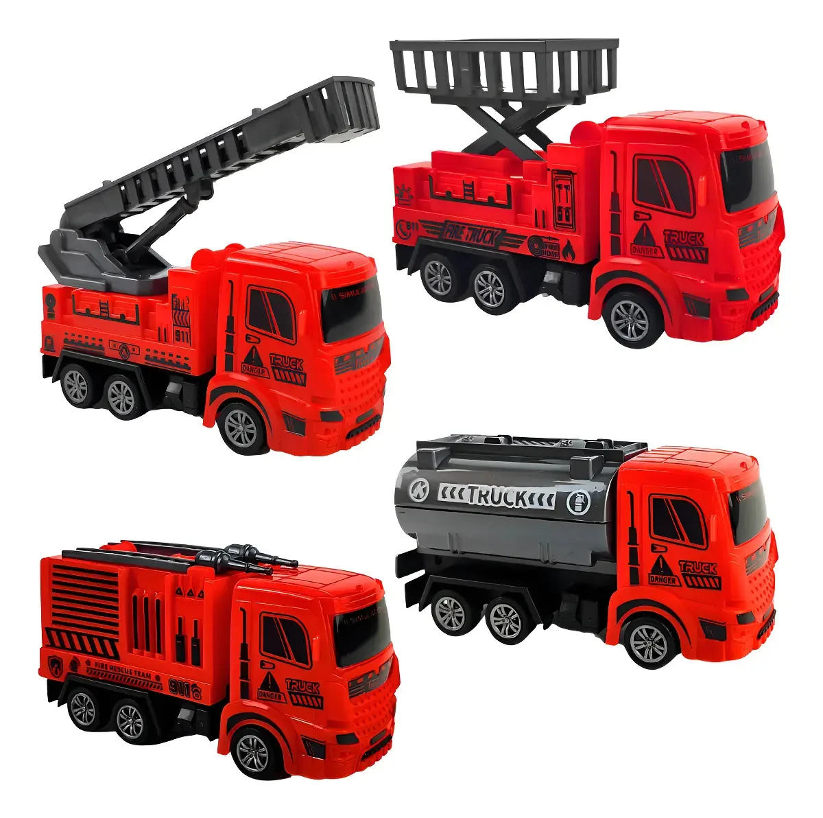 Kit 4 Caminhões Bombeiros Brinquedo Movido Fricção Resgate
