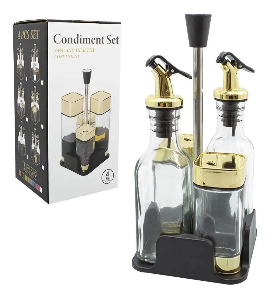 Porta Temperos Condimentos Galheteiro Dourado 4pçs + Suporte