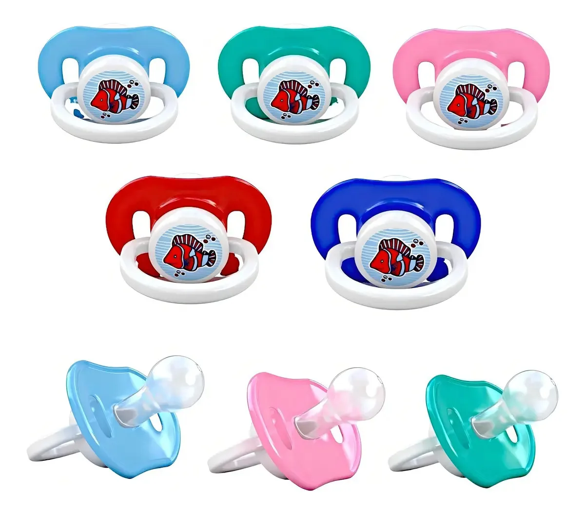 Kit 25 Chupetas Mamita Peixinhos Silicone Bico Redondo Cores Diversas BPA Free