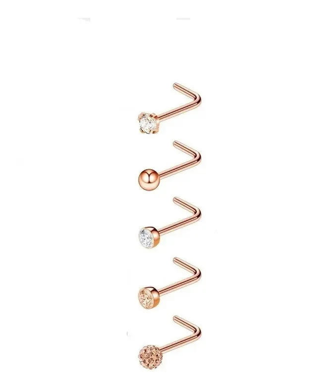 Conjunto de 5 piercings de nariz em aço cirúrgico de zircônia nasal tipo L, cor ouro rosa