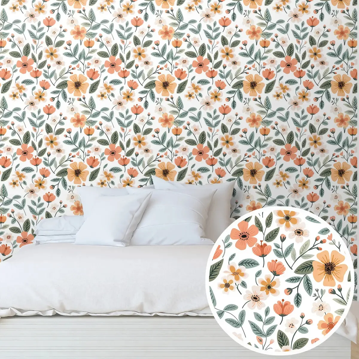 Adesivo Decorativo Papel Parede 3m Floral Laranja Verde Branco Printoriah Smt0088