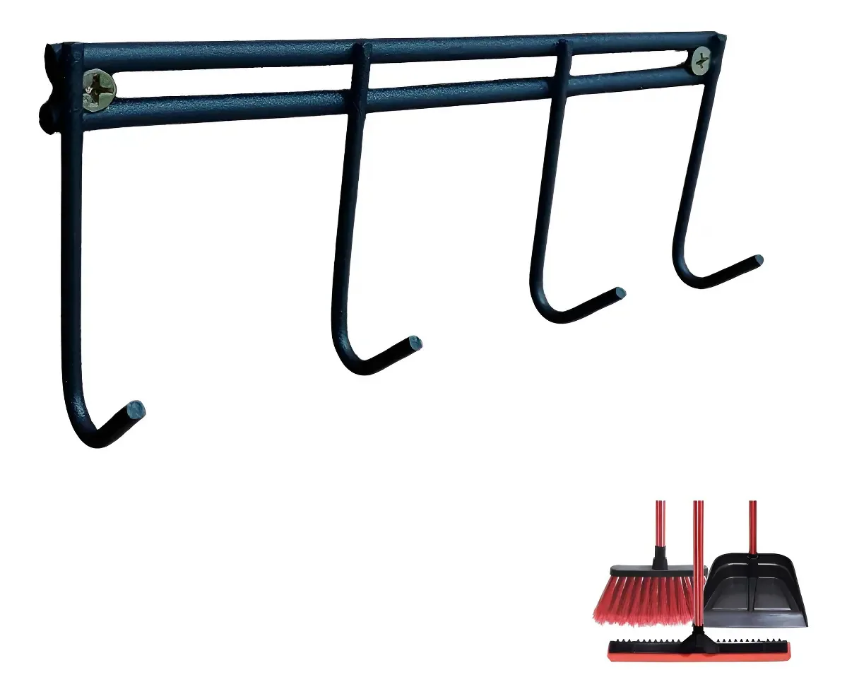 Porta Vassouras Rodo Roupa Pano Toalha Ganchos Preto P/ 10kg
