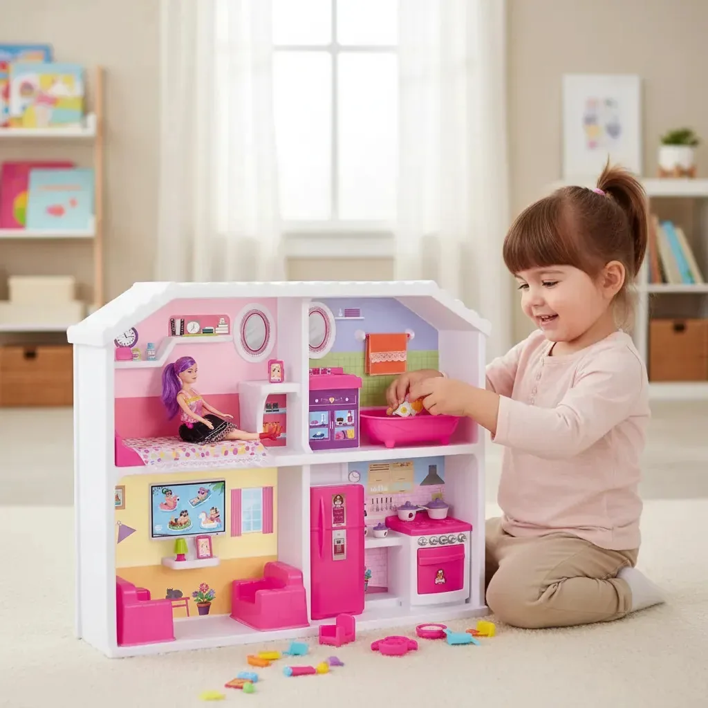Casinha Doce Encanto Rosa com Móveis e Boneca Para Crianças 3 Anos