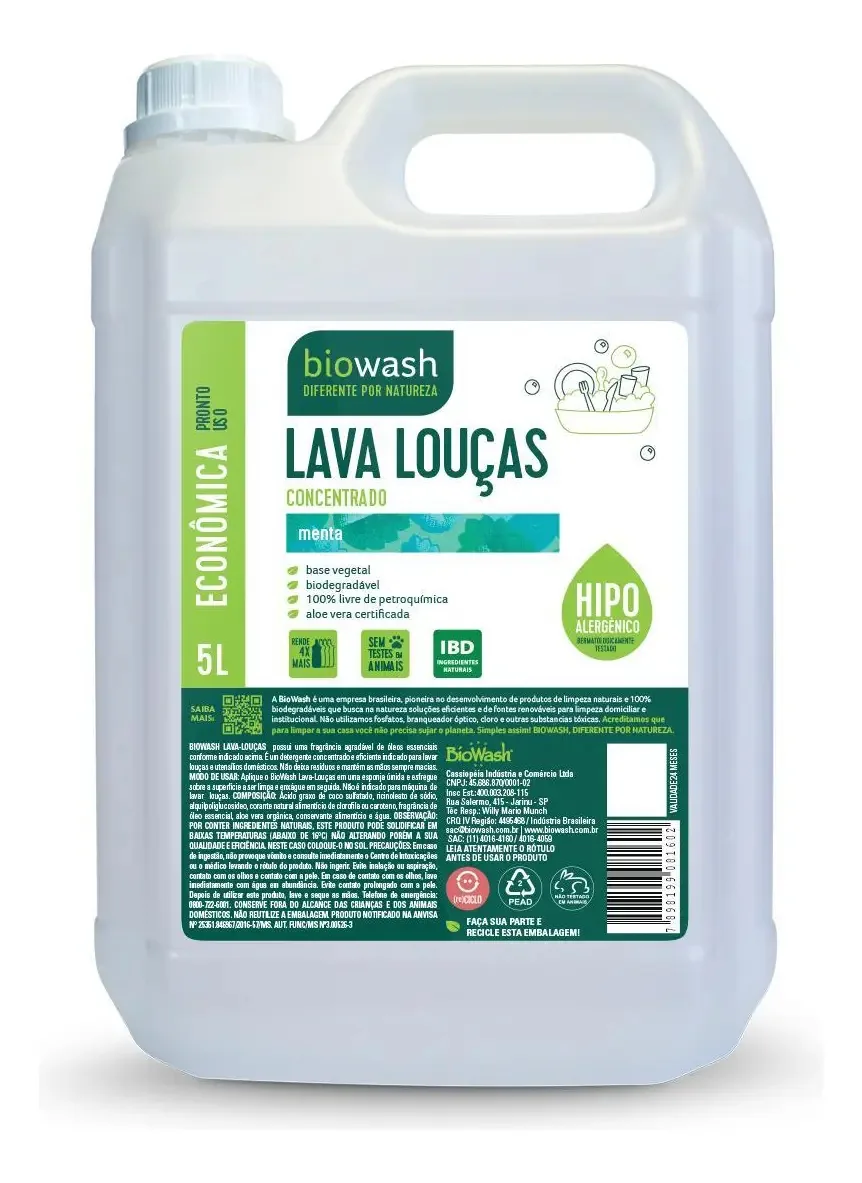 Detergente Lava Louças Menta Biodegradável Biowash 5l