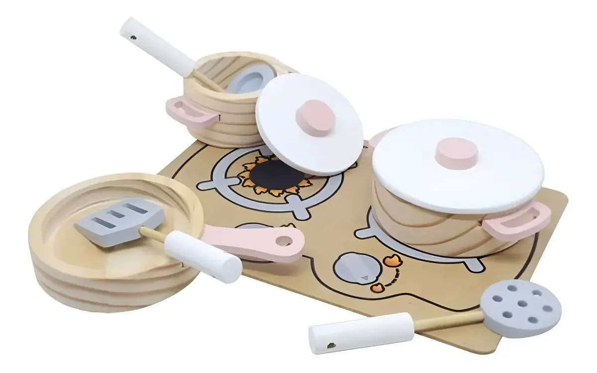 Coleção Comidinhas- Kit Panelas E Utensílios De Madeira Rosa