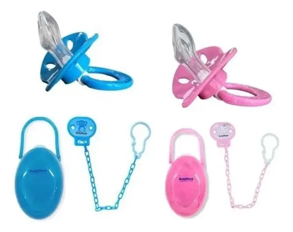 Chupeta Anatômica Baby Nany 100% Silicone + Prendedor e Porta Azul 6-12 Meses